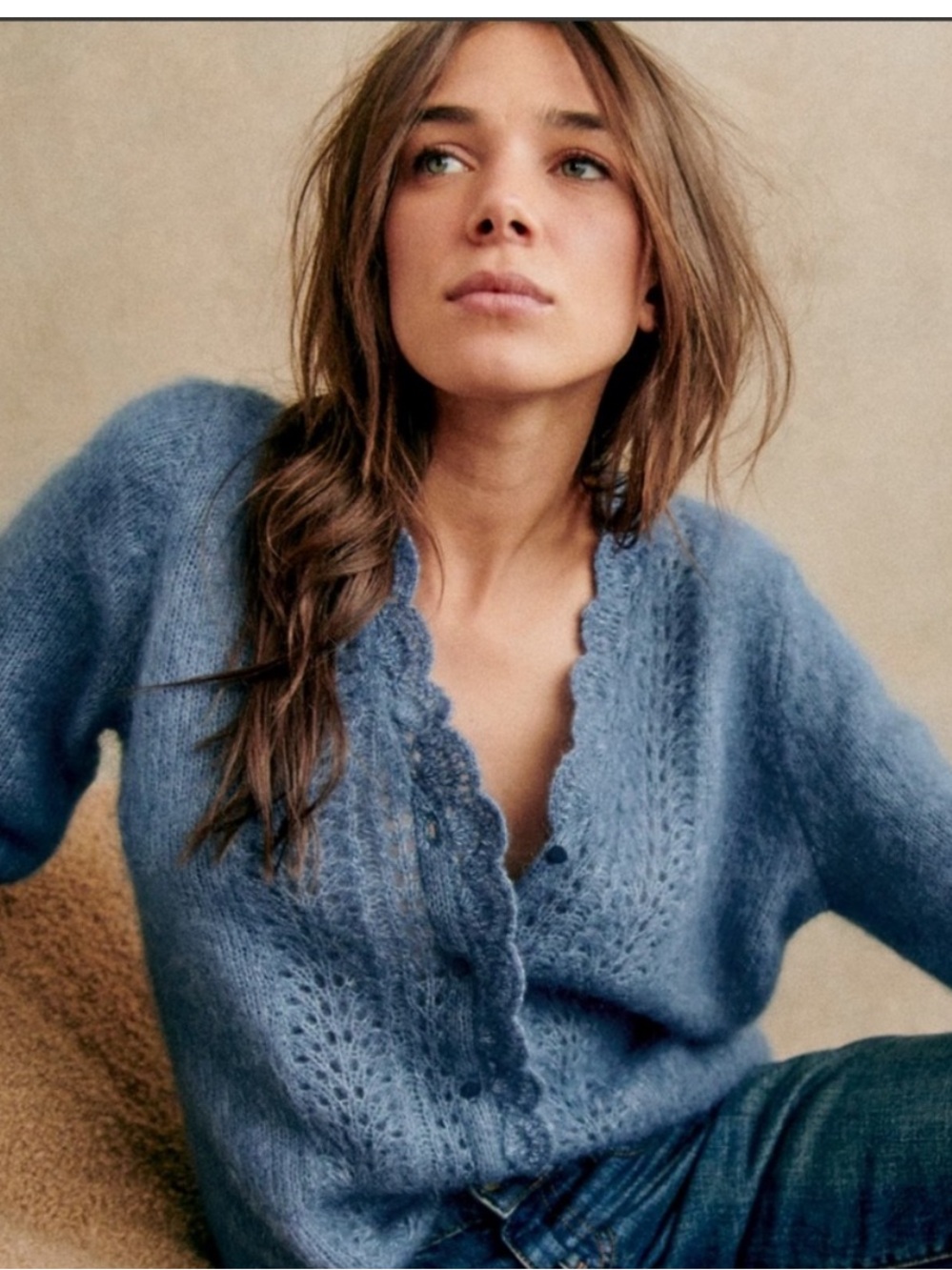 Sezane Angelie Lace Cardigan Mohair Knit Scalloped Wool Vintage Blue Size Xs